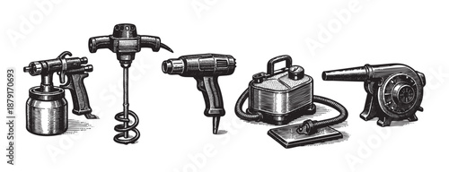 Engraved illustration of a paint sprayer, mixer, heat gun, termite killer, and blower, creating a vintage tool collection.