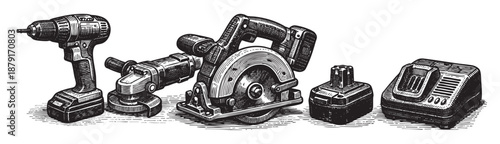 Black and white etched-style illustration featuring power drill, angle grinder, circular saw, battery, and charger in a clean, crisp layout, perfect for design, construction, or DIY themes.