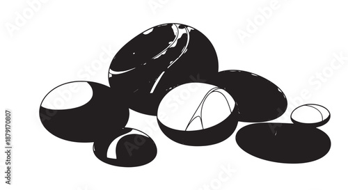 Smooth black pebbles arranged in abstract minimalist pattern.
