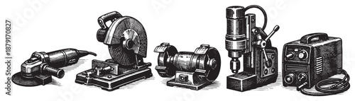 Black and white illustration of workshop equipment, featuring power tools, in a hand-drawn, engraving style, perfect for industrial or manufacturing concepts.