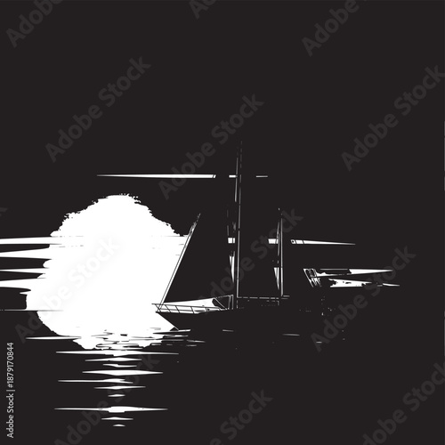 Silhouette Sailboat Gliding at Night on Calm Water.