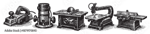 An engraved-style illustration of woodworking machines showcases a planer, router, table saw, scroll saw, and jointer, ideal for representing carpentry or design.