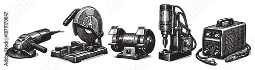A monochrome illustration showcases five metalworking tools, including a grinder, saw, bench grinder, drill press, and welder, with detailed linework and textures.
