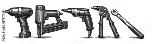 An illustration showcases a selection of workshop tools, including power tools and hand tools, depicted in a vintage sketch style against a white background.