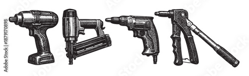 This monochrome illustration depicts various power tools in a vintage woodcut style, evoking nostalgia and highlighting craftsmanship and engineering.