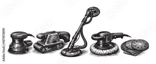 Engraved style illustration featuring various sanding tools arranged in a row, showcasing different types of sanders and sanding discs with detailed line work.