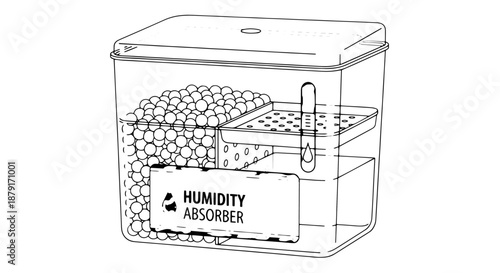 Compact Humidity Absorber Device with Beads for Moisture Control in a Small Clear Container.