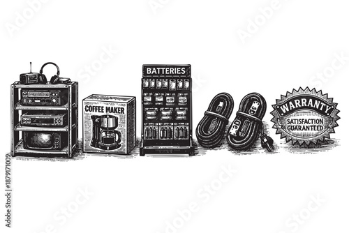 A detailed black and white illustration of various home goods, including electronics, a coffee maker box, battery display, slippers, and a warranty seal.