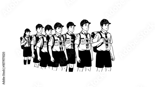 Line of schoolboys marching in uniform.