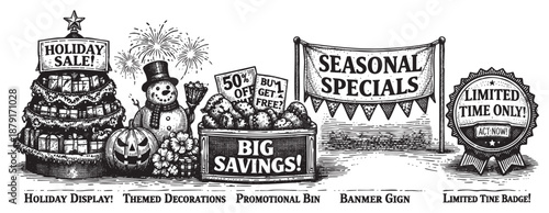 Monochrome illustration featuring holiday sale items like a Christmas tree, snowman, and pumpkin, plus limited-time-only deals and seasonal specials. Great for retail promotions.