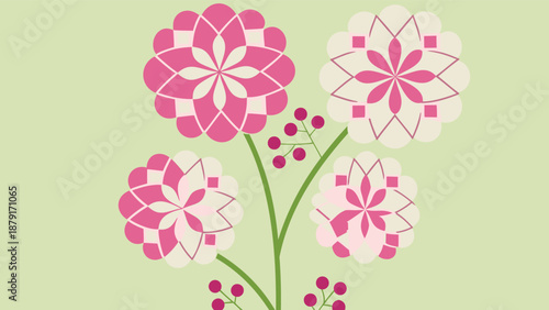 Vibrant pink and white flowers with green stems on light green background floral pattern decorative blooms