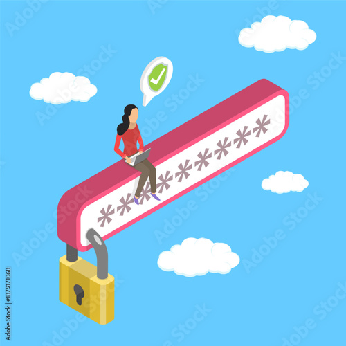 3D Isometric Flat Vector Illustration of Strong Password, Person With Secure Password And Locked Padlock To Ensure Safety