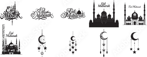 Eid Mubarak Celebration Elements: Diverse collection of elegant design elements celebrating Eid Mubarak, featuring calligraphy, mosques, crescent moons, and stars in black and white.