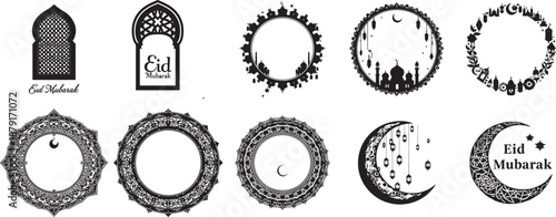 Eid Mubarak Celebration Design Collection: A stunning ensemble of festive design elements, featuring intricate patterns, archways, and the symbolic crescent moon, perfect for celebrating Eid.