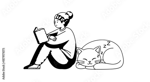 Illustration of a person reading a book while a cat naps beside them.