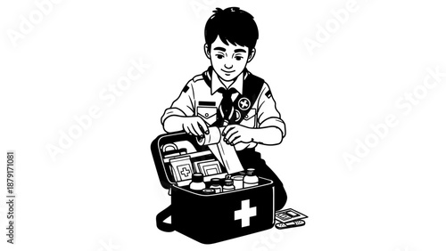 Young boy acts as a medical helper with a first aid kit illustration.
