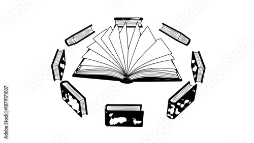 Open book surrounded by multiple hands representing collaborative learning and shared knowledge.