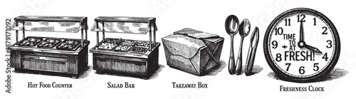 Detailed engraving illustration of food service elements including a hot food counter, salad bar, takeaway box, and freshness clock emphasizing restaurant quality.