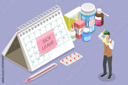 3D Isometric Flat Vector Illustration of Paid Days, Sick Leave Concept