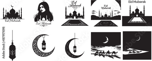 Eid Mubarak Elements: A collection of meticulously crafted silhouette illustrations capturing the spirit of Eid Mubarak, featuring iconic mosques, crescent moons, and other festive emblems. 