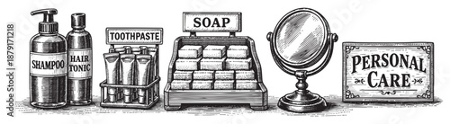 Detailed monochrome etching featuring shampoo, hair tonic, toothpaste, soap, mirror, and personal care sign. Ideal for personal care, hygiene, beauty, or antique concepts.
