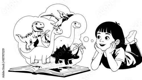 Young girl imagining friendly dinosaurs emerging from a book.
