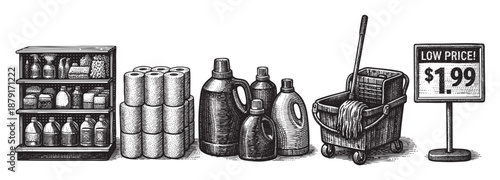 A black and white illustration shows common household cleaning supplies along with a low price sign of one dollar ninety-nine cents. Perfect for advertisements.
