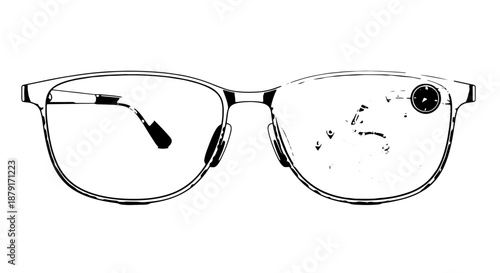 Black and white sketch of broken eyeglasses with damaged lens.