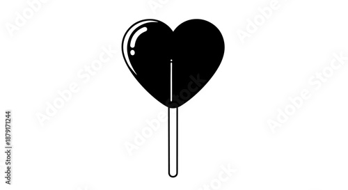 Black heart shaped lollipop silhouette on white background.