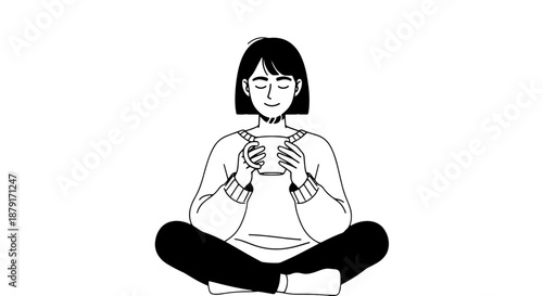 Calm woman sitting cross-legged holding a steaming mug of tea.