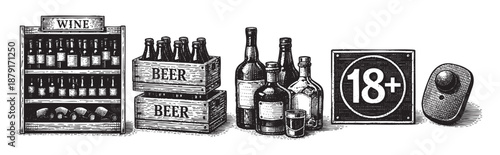 Black and white graphic illustration features wine, beer, bottles, an age sign, and a doorbell. Great for a print, editorial, or marketing material.