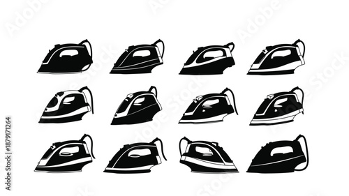 Collection of twelve black and white iron icons in various orientations