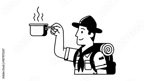 Smiling backpacker holding a steaming cup of coffee outdoors.