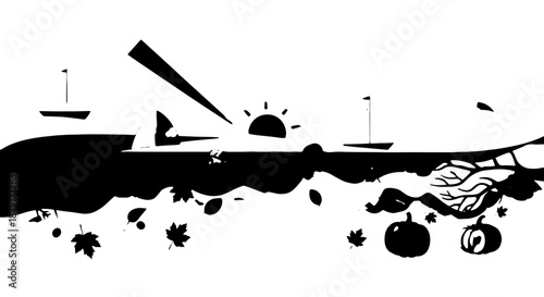 Black and white coastal silhouette with sun, boat and underwater plant life.