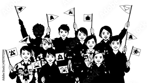Black and white illustration of children holding small flags together.