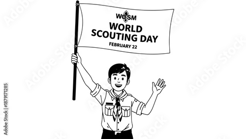 Young scout holding a World Scouting Day flag in cheerful illustration.