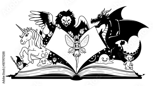 Open book releasing mythical creatures and magical imagery.