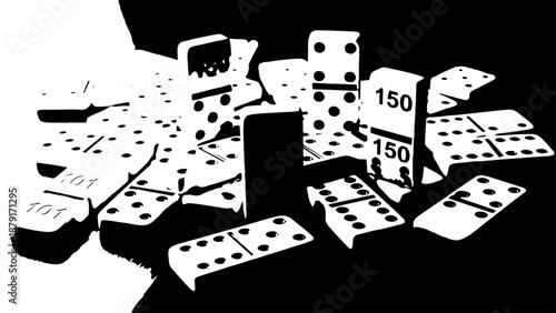 Black and white dominoes and dice scattered with a numbered score flag.