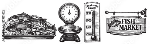This black and white vector illustration shows a display of fresh fish, a freshness gauge, weighing scale, and vintage fish market signage for a vintage aesthetic.