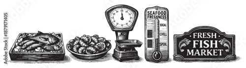 Black and white vector illustration shows seafood market elements: fish in box, scale, freshness thermometer, and market sign with classic details.