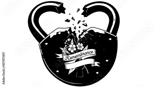 Stylized shattered kettlebell emblem with ribbon and heart.