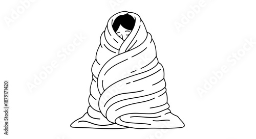 Person wrapped in a blanket seeking warmth and comfort.