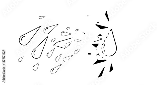 Abstract illustration of water droplets transforming into broken geometric shards.