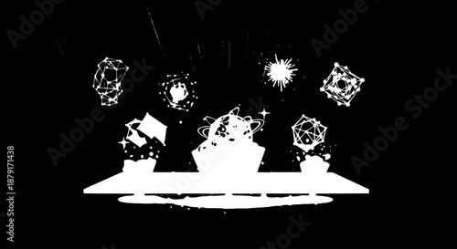 Abstract monochrome geometric composition with floating shapes.