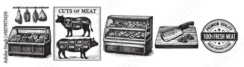 Detailed black and white illustration showing butcher shop elements like cuts of meat chart, display case, knife, and hanging meats, suitable for graphic design.