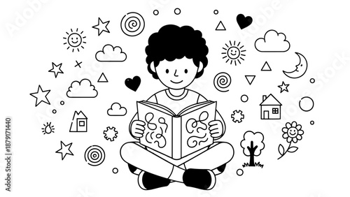 Child reading a book surrounded by whimsical black and white doodles.