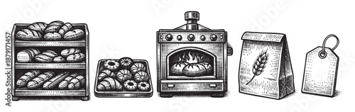 Black and white illustration showcases a bakery with various breads, pastries, an old-fashioned oven, a flour sack and a tag, giving a vintage aesthetic.
