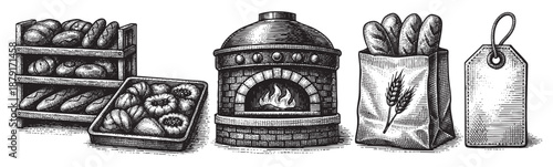 Woodcut style illustration featuring bakery items, including bread, pastries, oven, and a tag, perfect for food-related designs and vintage style graphics.