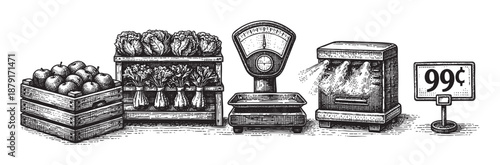 Engraving illustration featuring apples, lettuce, scale, produce sprayer, and a price sign creates a vintage farmers market or grocery store scene.