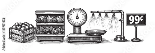 Vintage style sketch illustration features a produce stand with vegetables, scales, sprinklers and 99 cent sign on a white background.